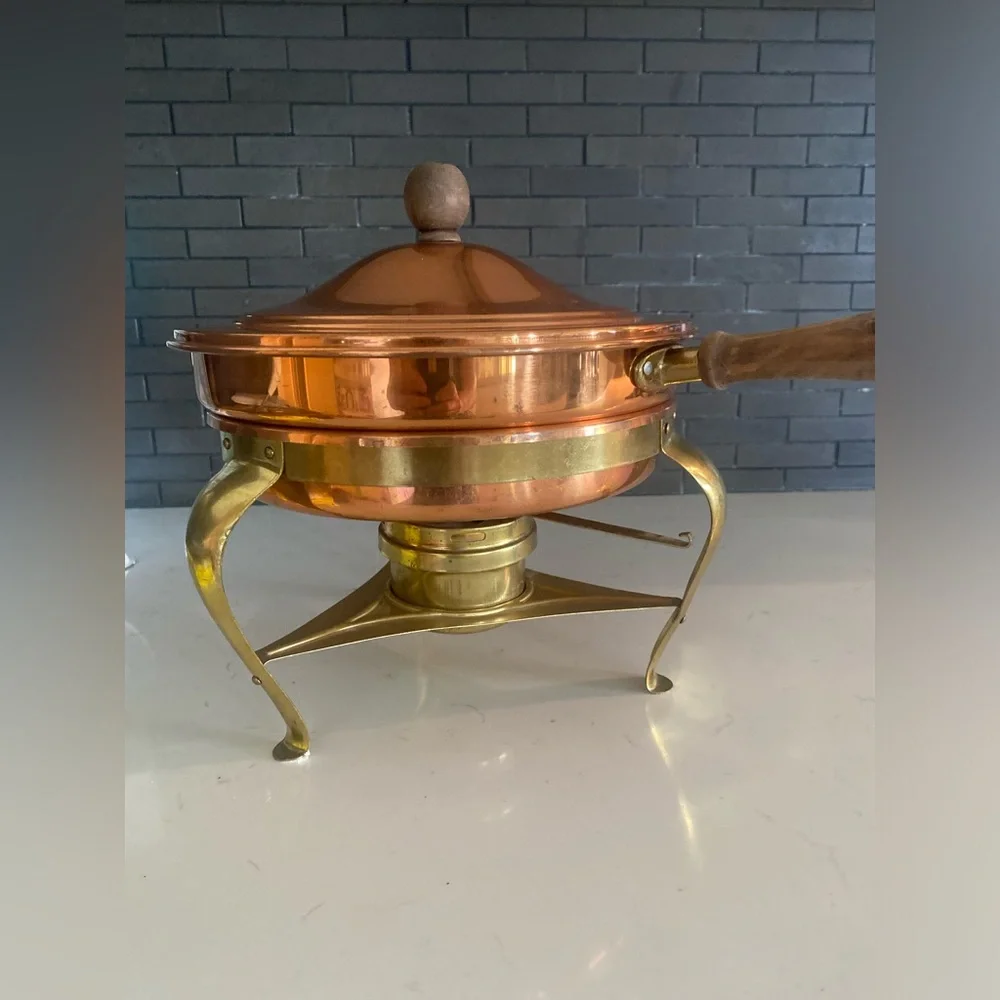 Copper and Brass Chafing Dish with Wooden Handle Made in Italy 9” Pan